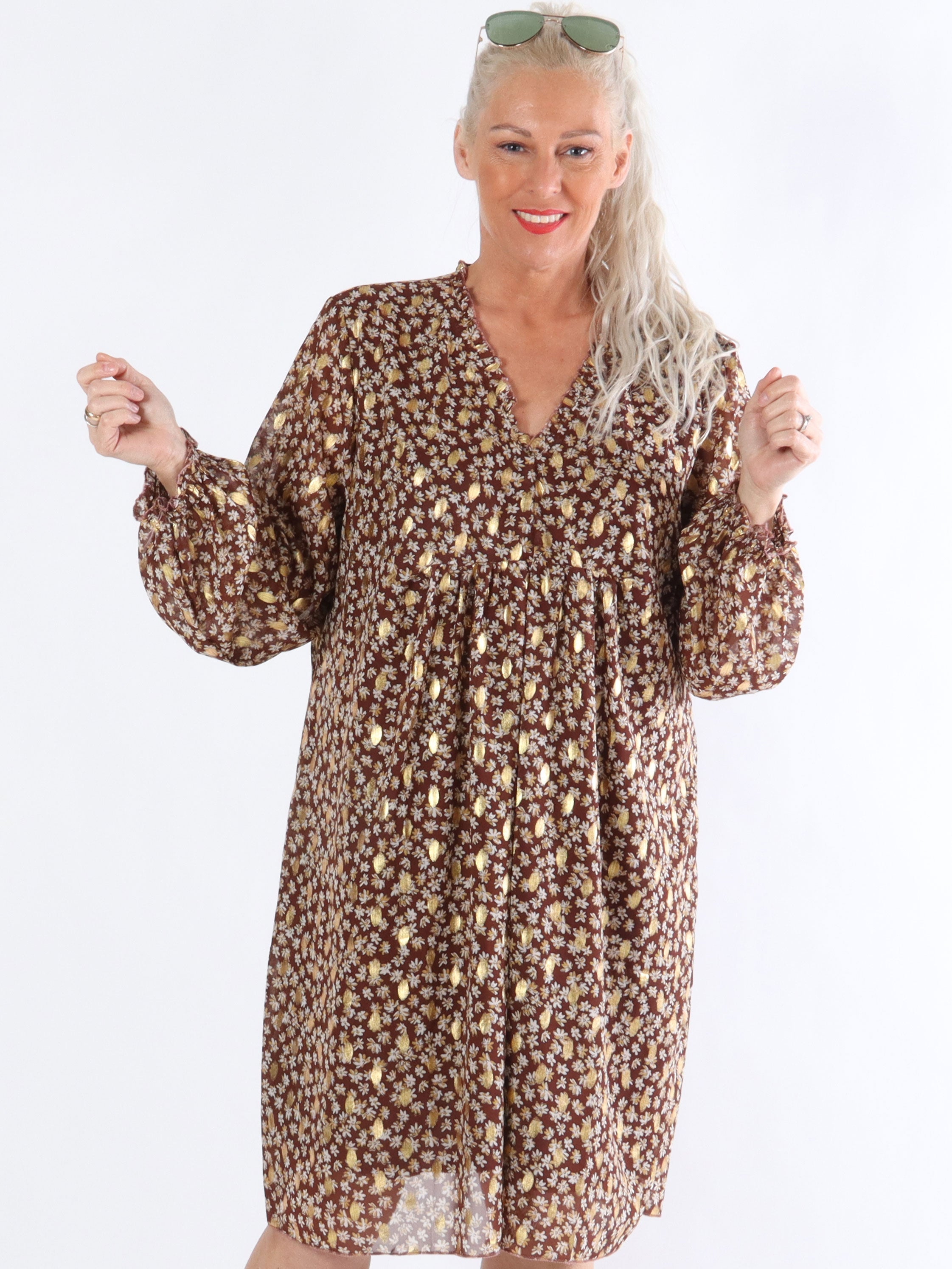 Zacharia - Brun klänning med guldfläckar och blomstermotiv